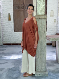 caraucci lightweight jersey draped soft orange kaftan tunic with open shoulders #color_copper