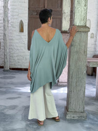 caraucci lightweight jersey draped soft sage green kaftan tunic with open shoulders #color_moss