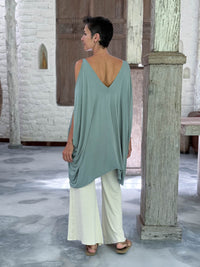 caraucci lightweight jersey draped soft sage green kaftan tunic with open shoulders #color_moss