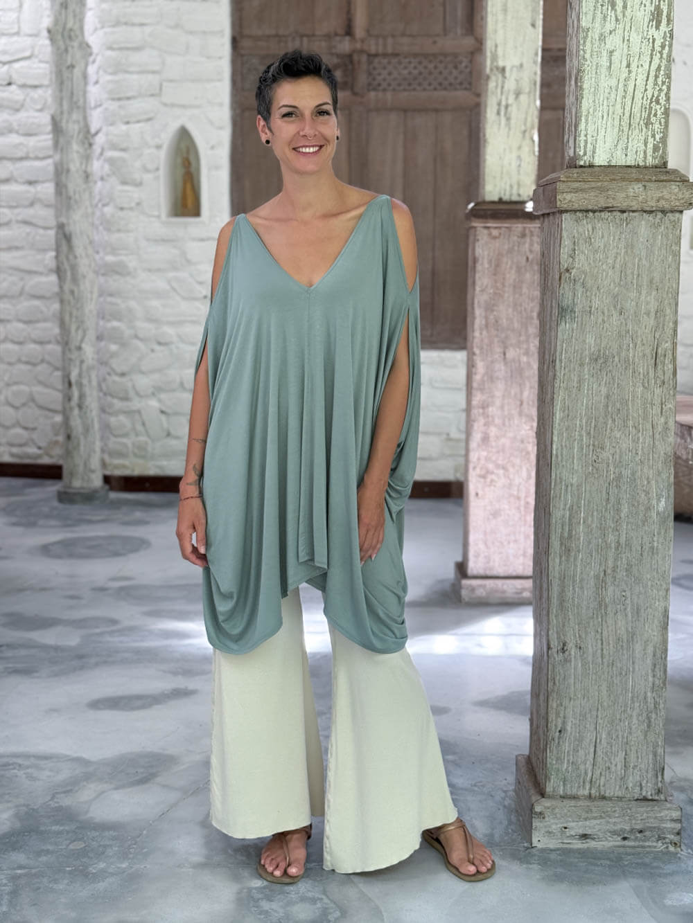 caraucci lightweight jersey draped soft sage green kaftan tunic with open shoulders #color_moss