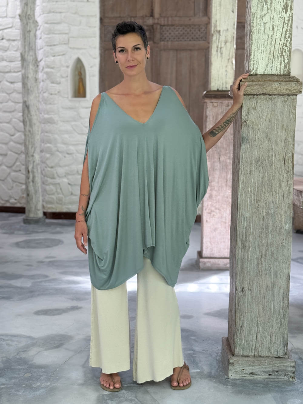 caraucci lightweight jersey draped soft sage green kaftan tunic with open shoulders #color_moss