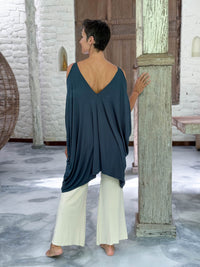 caraucci lightweight jersey draped soft teal blue kaftan tunic with open shoulders #color_teal