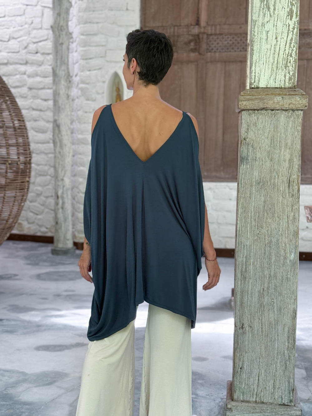 caraucci lightweight jersey draped soft teal blue kaftan tunic with open shoulders #color_teal
