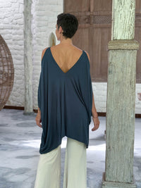 caraucci lightweight jersey draped soft teal blue kaftan tunic with open shoulders #color_teal