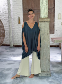 caraucci lightweight jersey draped soft teal blue kaftan tunic with open shoulders #color_teal
