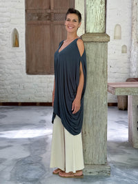 caraucci lightweight jersey draped soft teal blue kaftan tunic with open shoulders #color_teal