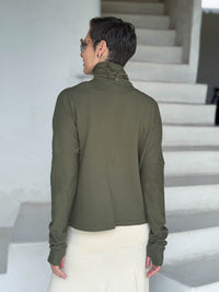 caraucci forest green bamboo fleece jacket, shown from the back, buttoned into a high cowl neck with thumbholes and pockets #color_forest