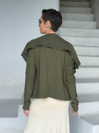 caraucci forest green bamboo fleece jacket, shown open from the back with a draped shawl color with thumbholes and pockets #color_forest