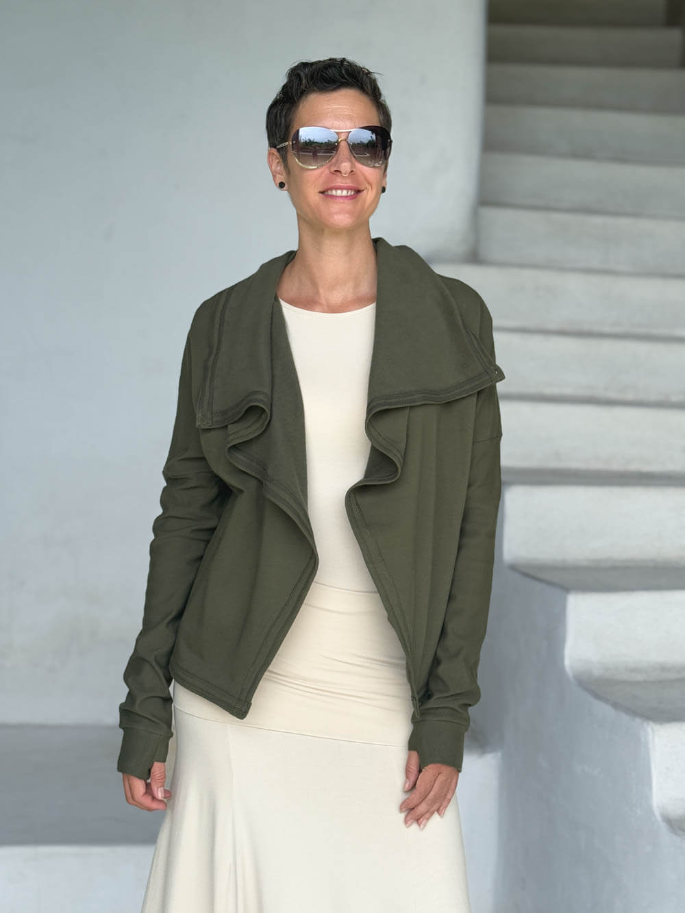 caraucci forest green bamboo fleece jacket, shown open with a draped shawl color with thumbholes and pockets #color_forest