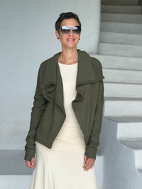 caraucci forest green bamboo fleece jacket, shown open with a draped shawl color with thumbholes and pockets #color_forest