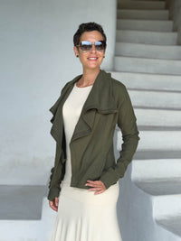 caraucci forest green bamboo fleece jacket, shown open with a draped shawl color with thumbholes and pockets #color_forest