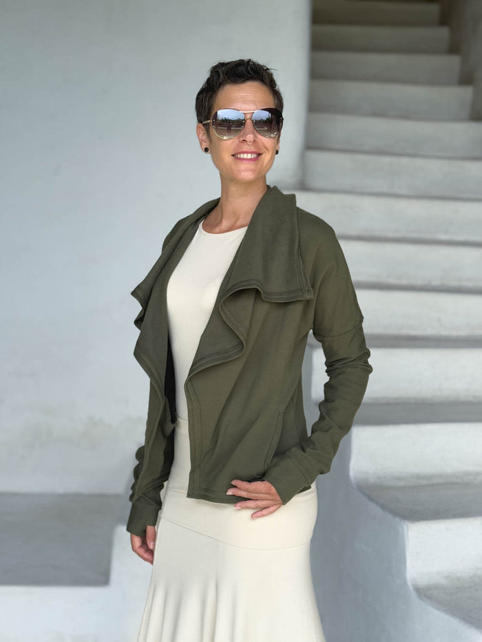 caraucci forest green bamboo fleece jacket, shown open with a draped shawl color with thumbholes and pockets #color_forest