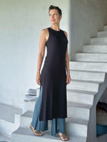 caraucci black sleeveless side slit long tunic or dress #color_black