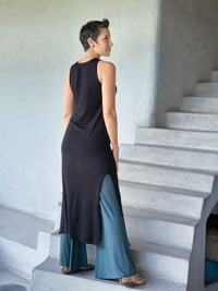 caraucci black sleeveless side slit long tunic or dress #color_black