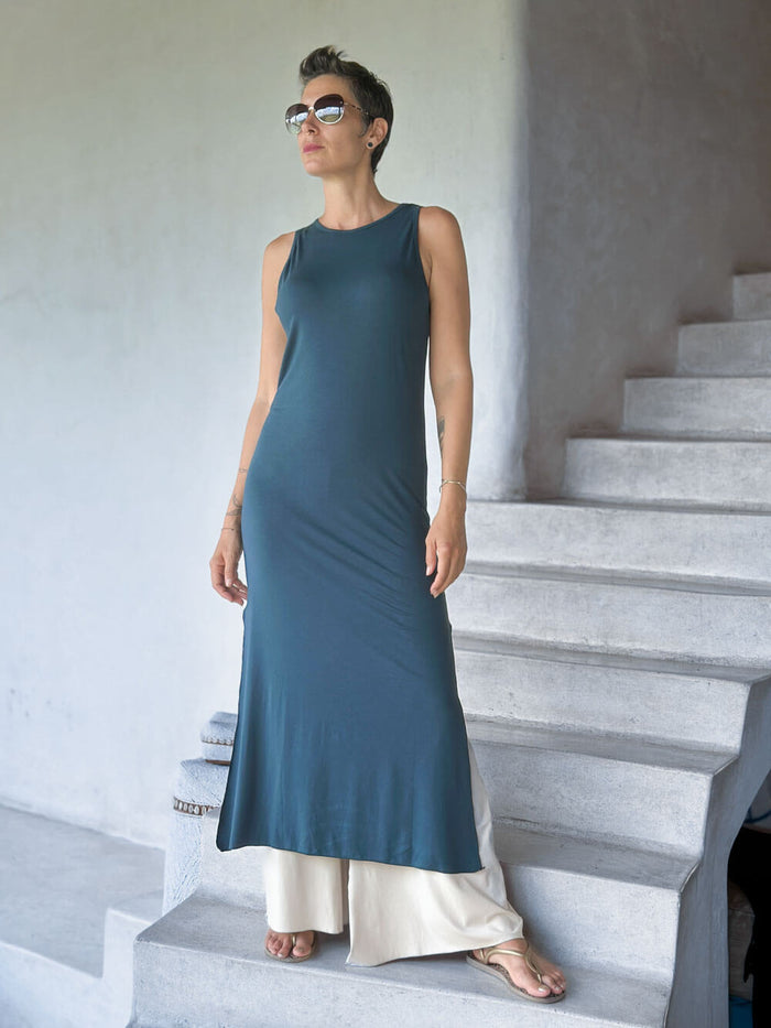 caraucci teal blue sleeveless side slit long tunic or dress #color_teal