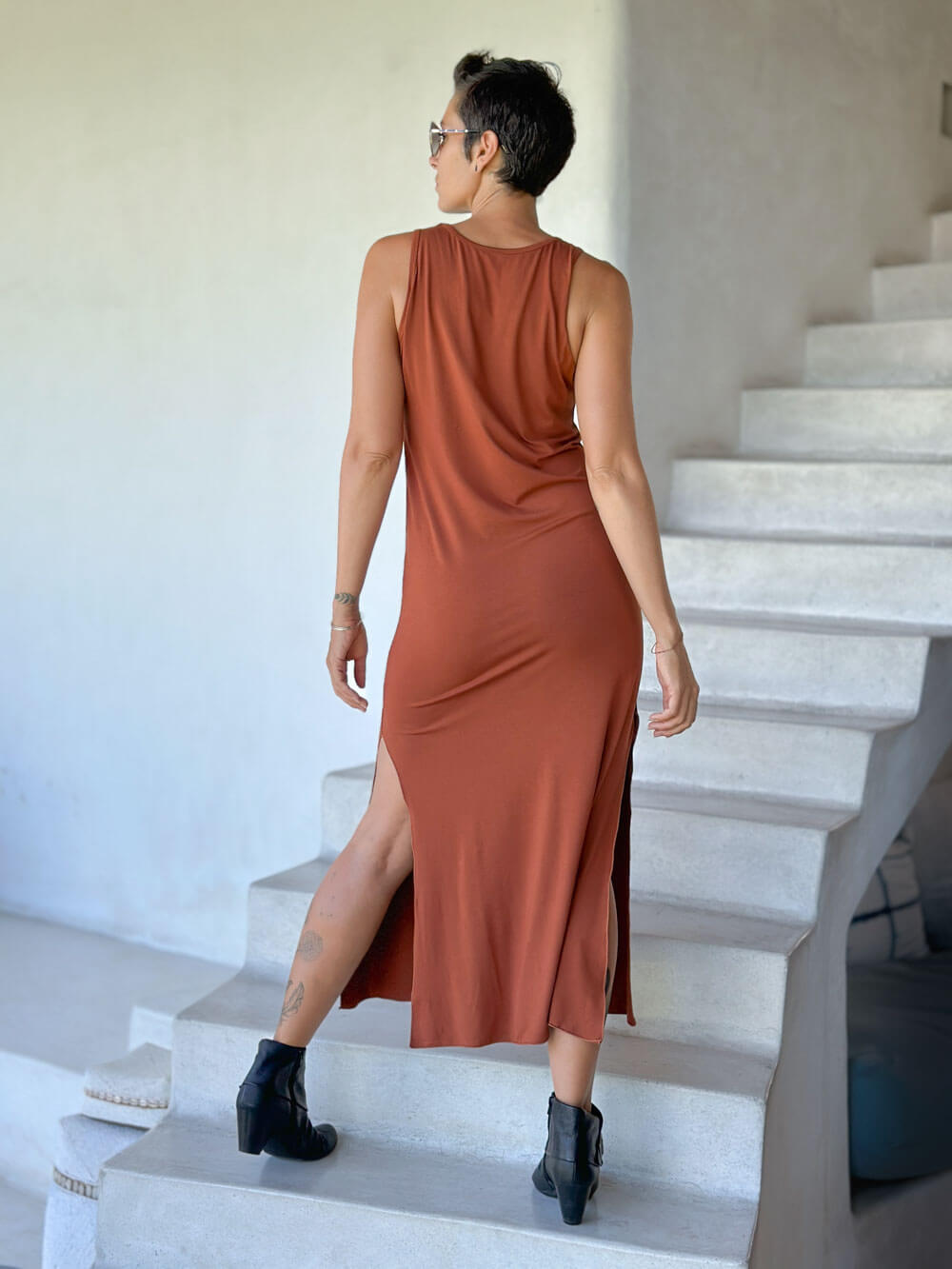 caraucci rust sleeveless side slit long tunic or dress #color_copper