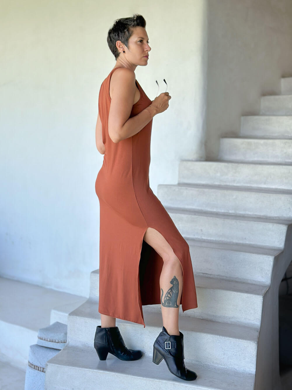 caraucci rust sleeveless side slit long tunic or dress #color_copper