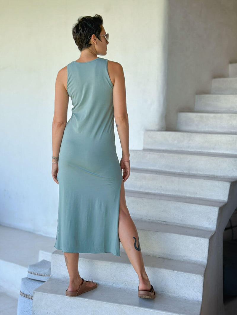caraucci sage green sleeveless side slit long tunic or dress #color_moss