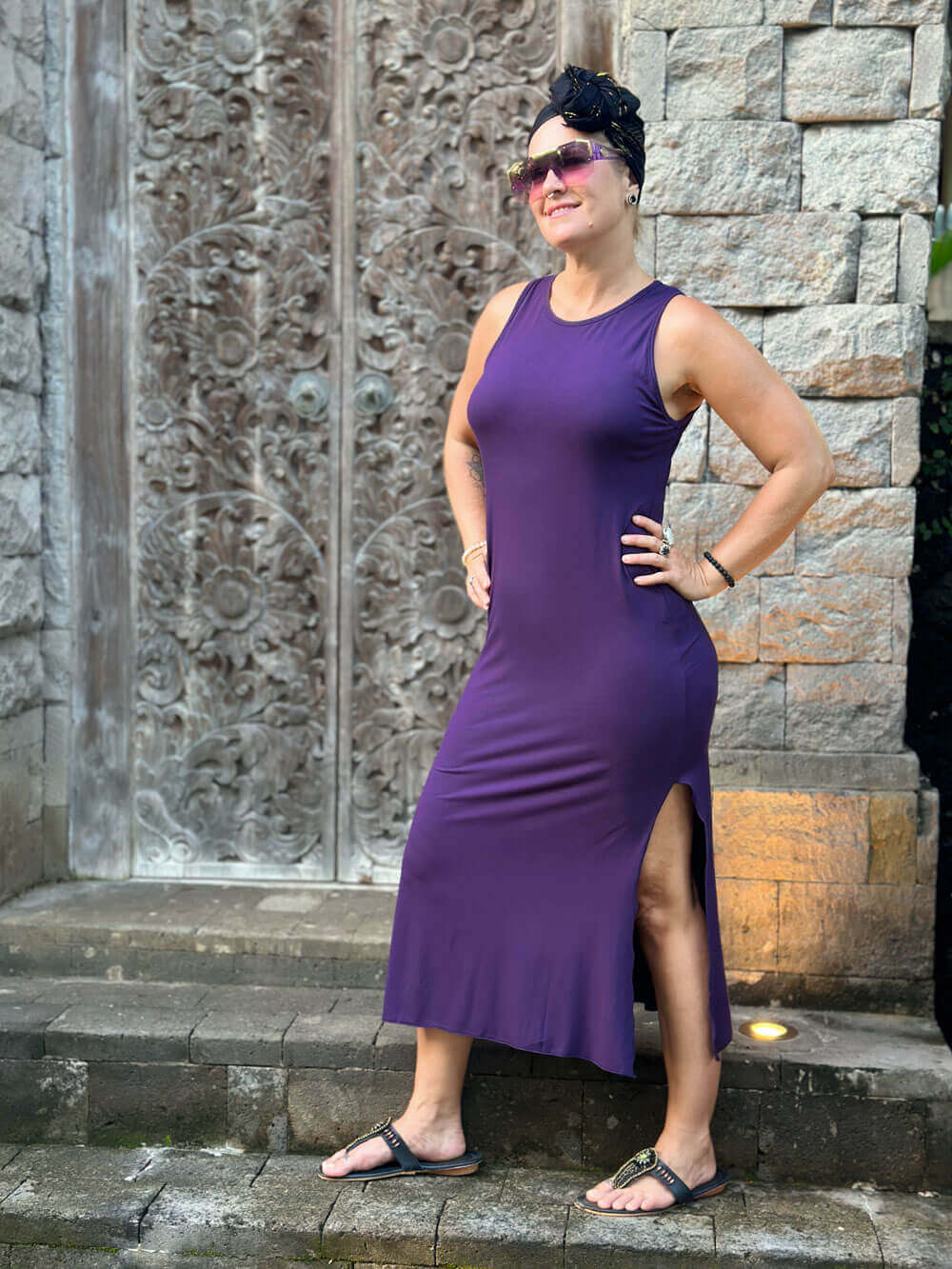 caraucci purple sleeveless side slit long tunic or dress #color_plum