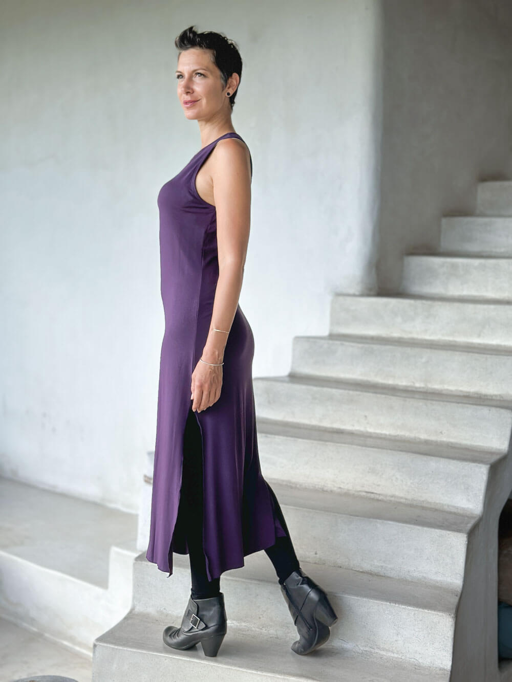 caraucci purple sleeveless side slit long tunic or dress #color_plum