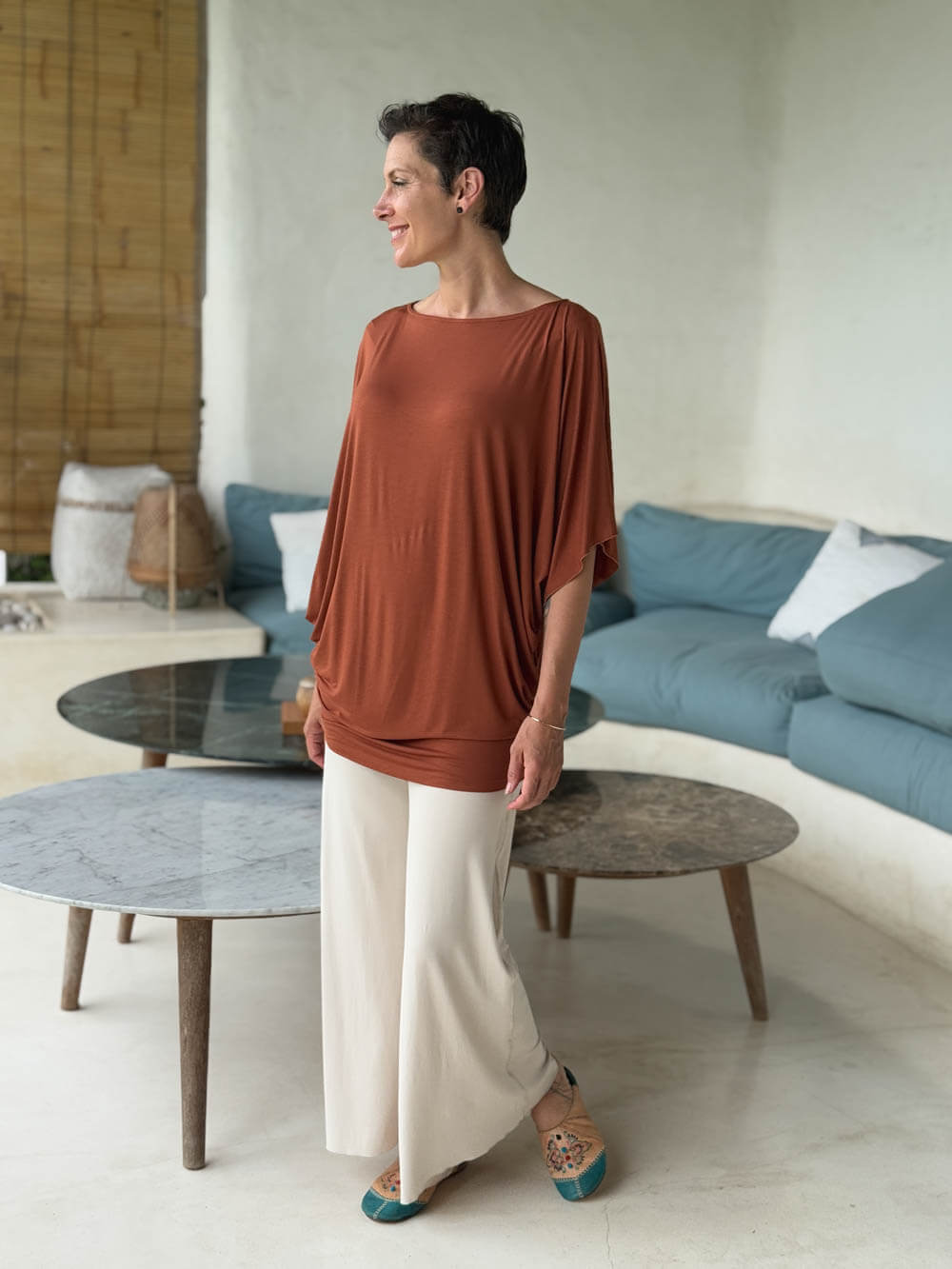 caraucci copper kimono tunic worn as a tunic with cream pants #color_copper