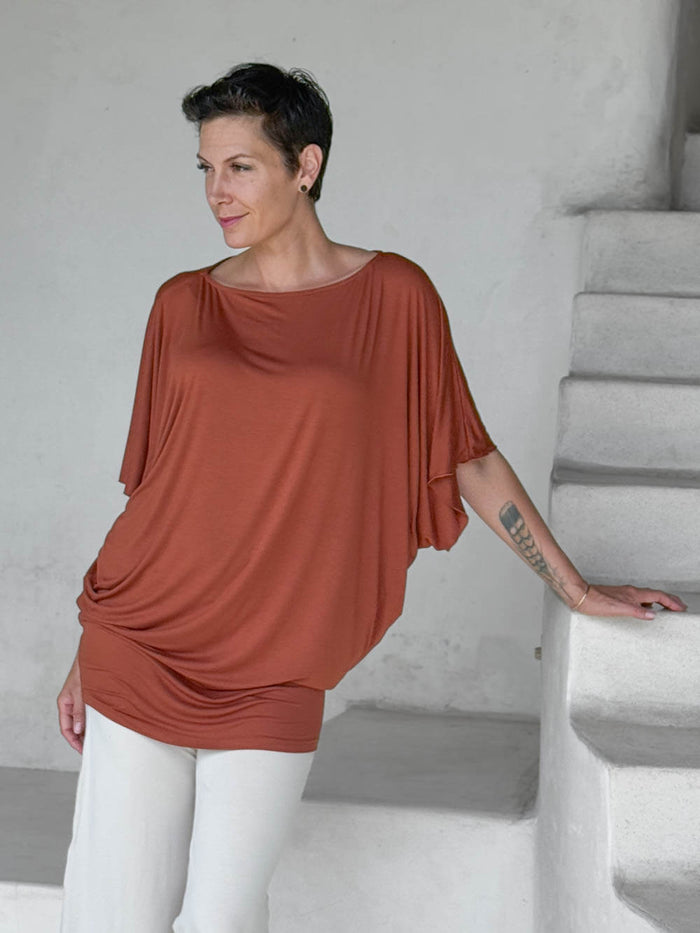 caraucci copper kimono tunic worn as a tunic with cream pants #color_copper