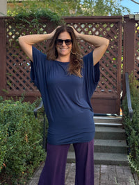 caraucci navy kimono tunic worn as a tunic with cream pants #color_navy