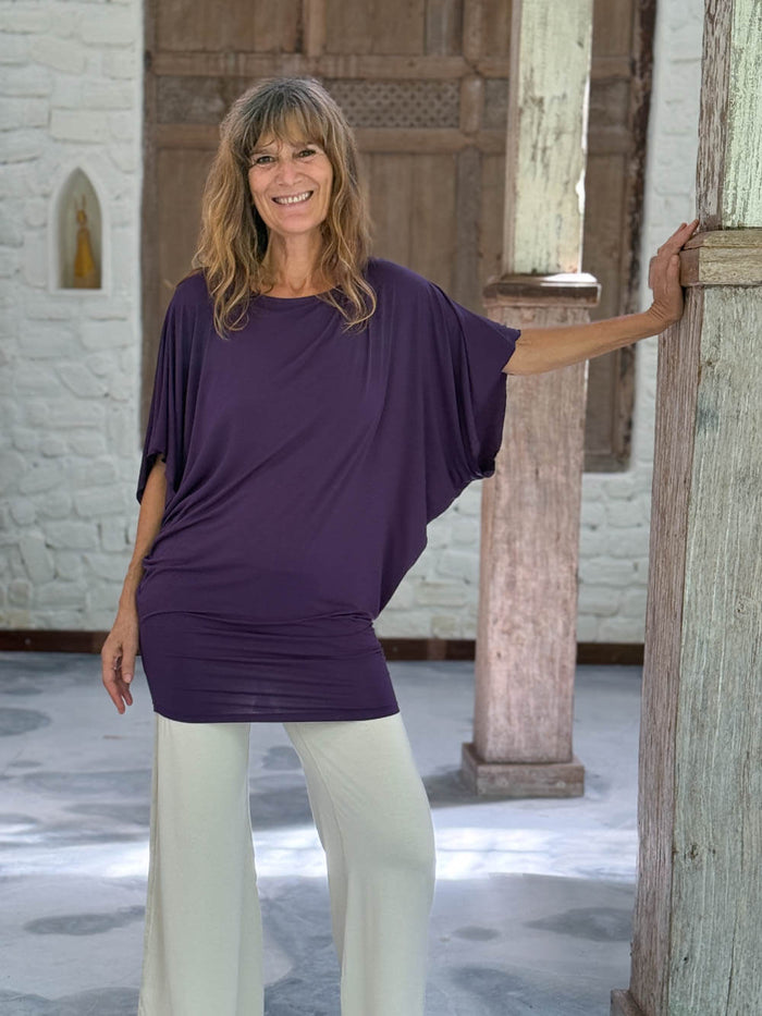 caraucci plum kimono tunic worn as a tunic with cream pants #color_plum