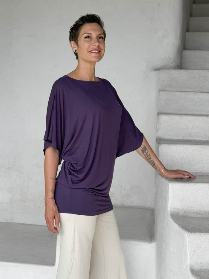 caraucci plum kimono tunic worn as a tunic with cream pants #color_plum