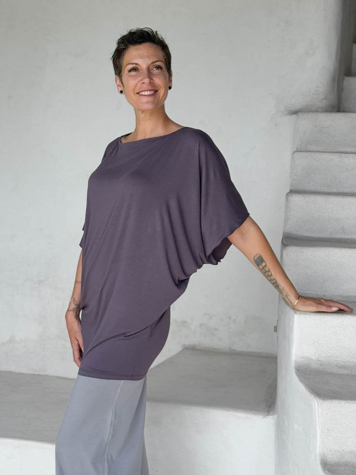 caraucci steel gray kimono tunic worn as a tunic with stone pants #color_steel