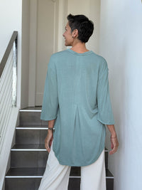 caraucci women's lightweight rayon jersey v-neck loose fit 3/4 sleeve sage green kurta tunic #color_moss