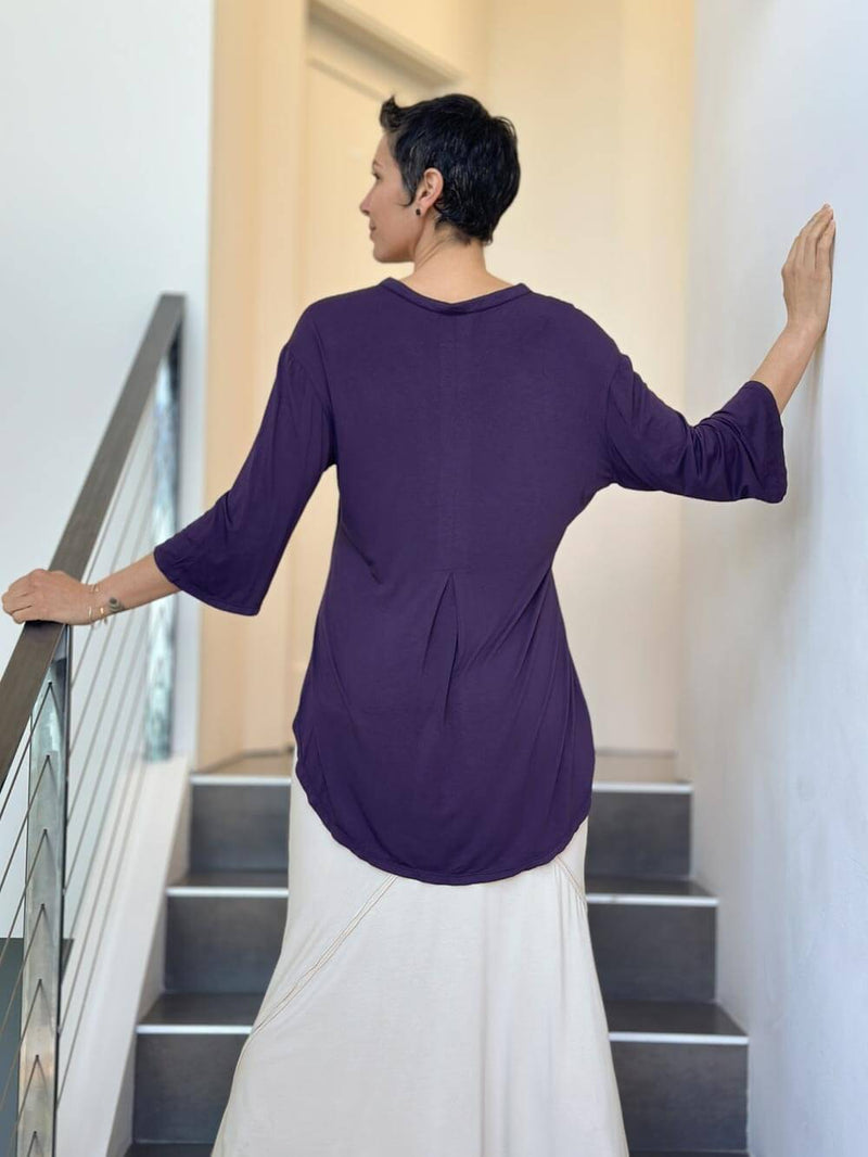 women's lightweight plant-based rayon jersey v-neck loose fit 3/4 sleeve purple kurta style tunic #color_plum
