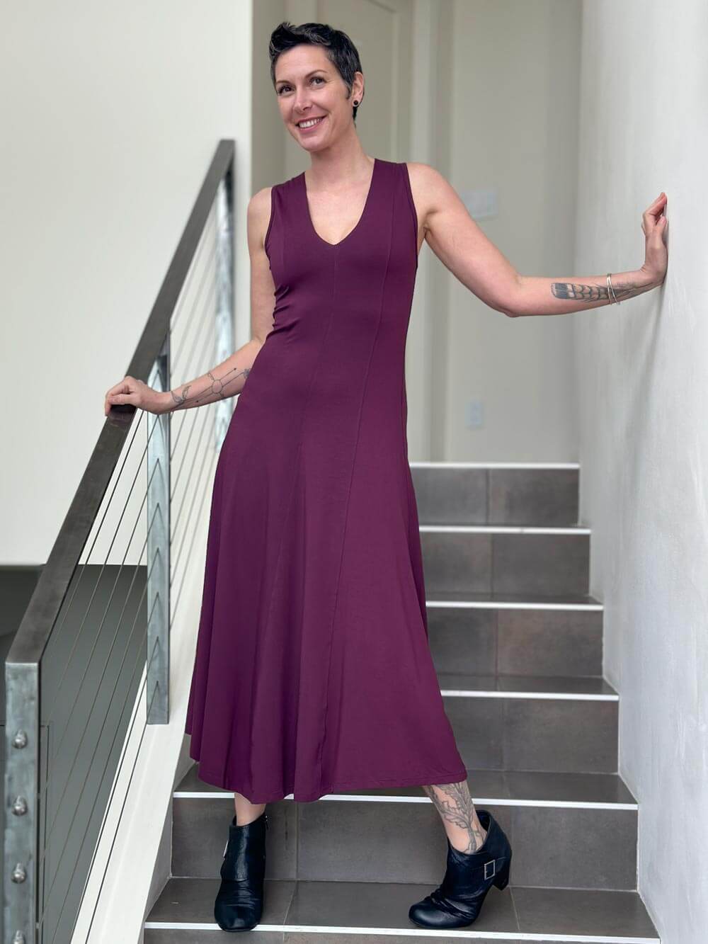 women's plant based rayon jersey stretchy purple v-neck midi dress with raised detailed stitching #color_jam