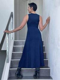 women's plant based rayon jersey stretchy navy blue v-neck midi dress with raised detailed stitching #color_navy