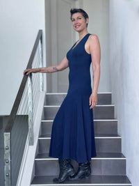 women's plant based rayon jersey stretchy navy blue v-neck midi dress with raised detailed stitching #color_navy