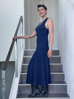 women's plant based rayon jersey stretchy navy blue v-neck midi dress with raised detailed stitching #color_navy