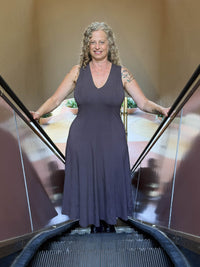 women's plant based rayon jersey stretchy steel grey v-neck midi dress with raised detailed stitching #color_steel