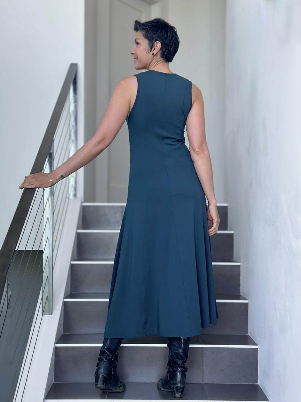 women's plant based rayon jersey stretchy teal blue v-neck midi dress with raised detailed stitching #color_teal