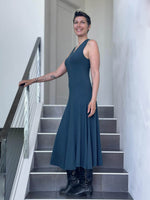 women's plant based rayon jersey stretchy teal blue v-neck midi dress with raised detailed stitching #color_teal