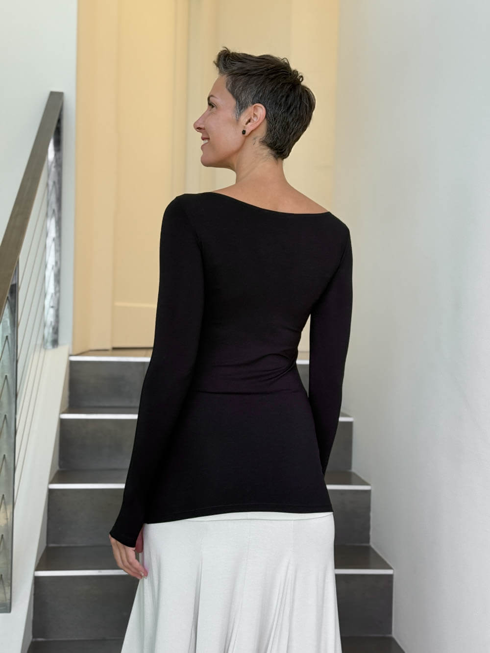 caraucci long sleeve stretchy rayon jersey black long sleeve boat neck top #color_black