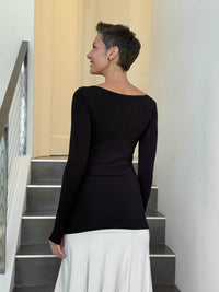 caraucci long sleeve stretchy rayon jersey black long sleeve boat neck top #color_black