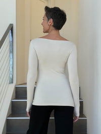 caraucci long sleeve stretchy rayon jersey cream long sleeve boat neck top #color_cream