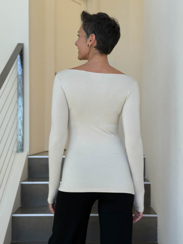 caraucci long sleeve stretchy rayon jersey cream long sleeve boat neck top #color_cream