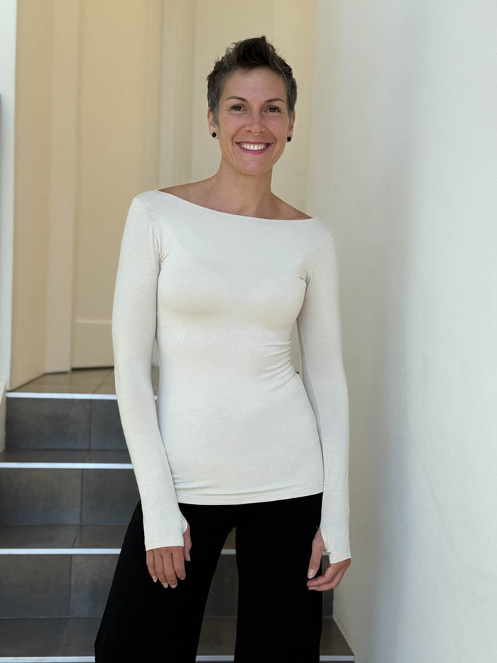 caraucci long sleeve stretchy rayon jersey cream long sleeve boat neck top #color_cream