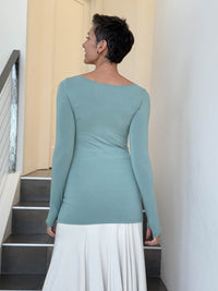 caraucci long sleeve stretchy rayon jersey moss green long sleeve boat neck top #color_moss