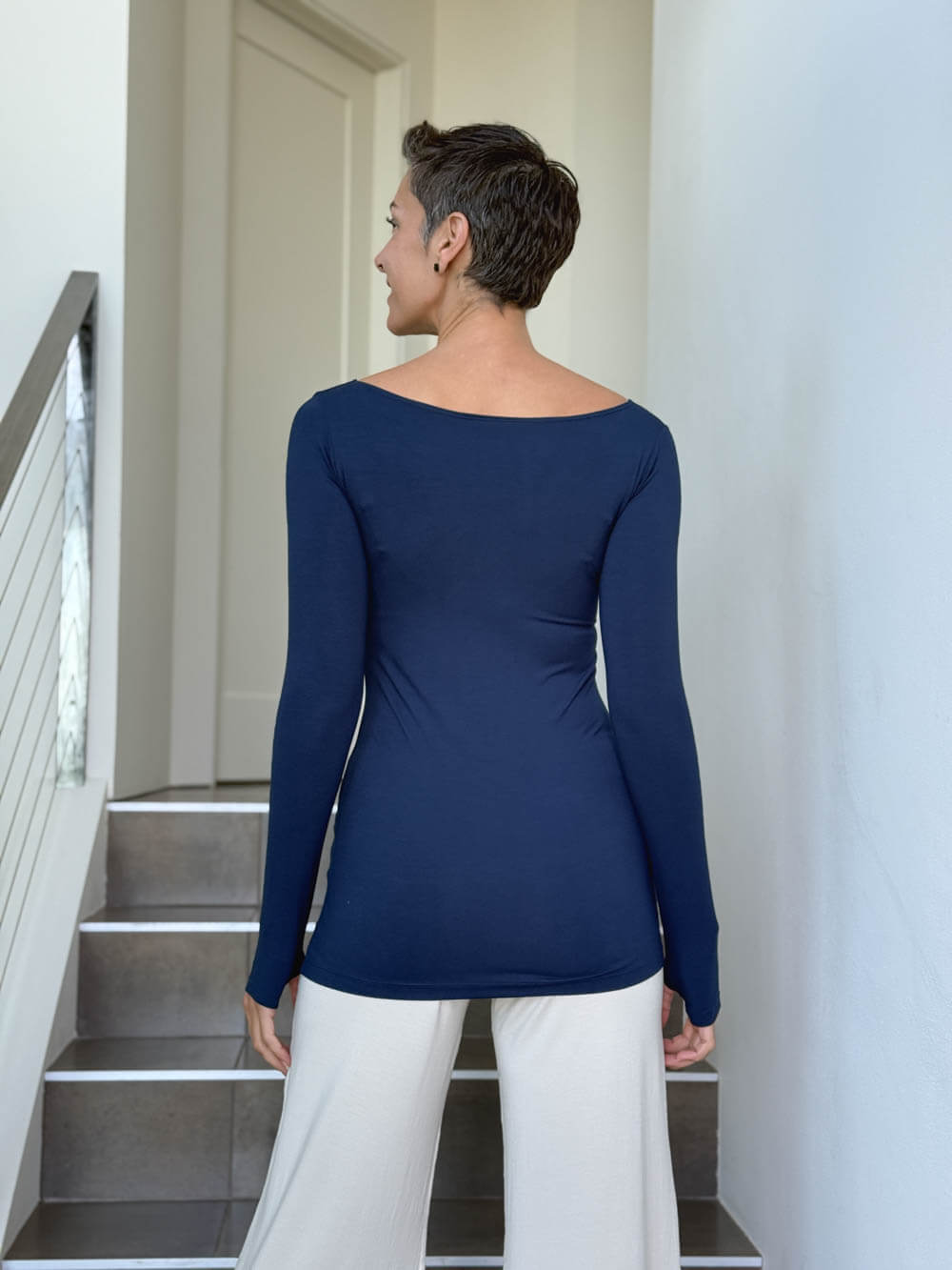 caraucci long sleeve stretchy rayon jersey navy blue long sleeve boat neck top #color_navy
