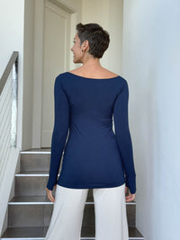 caraucci long sleeve stretchy rayon jersey navy blue long sleeve boat neck top #color_navy