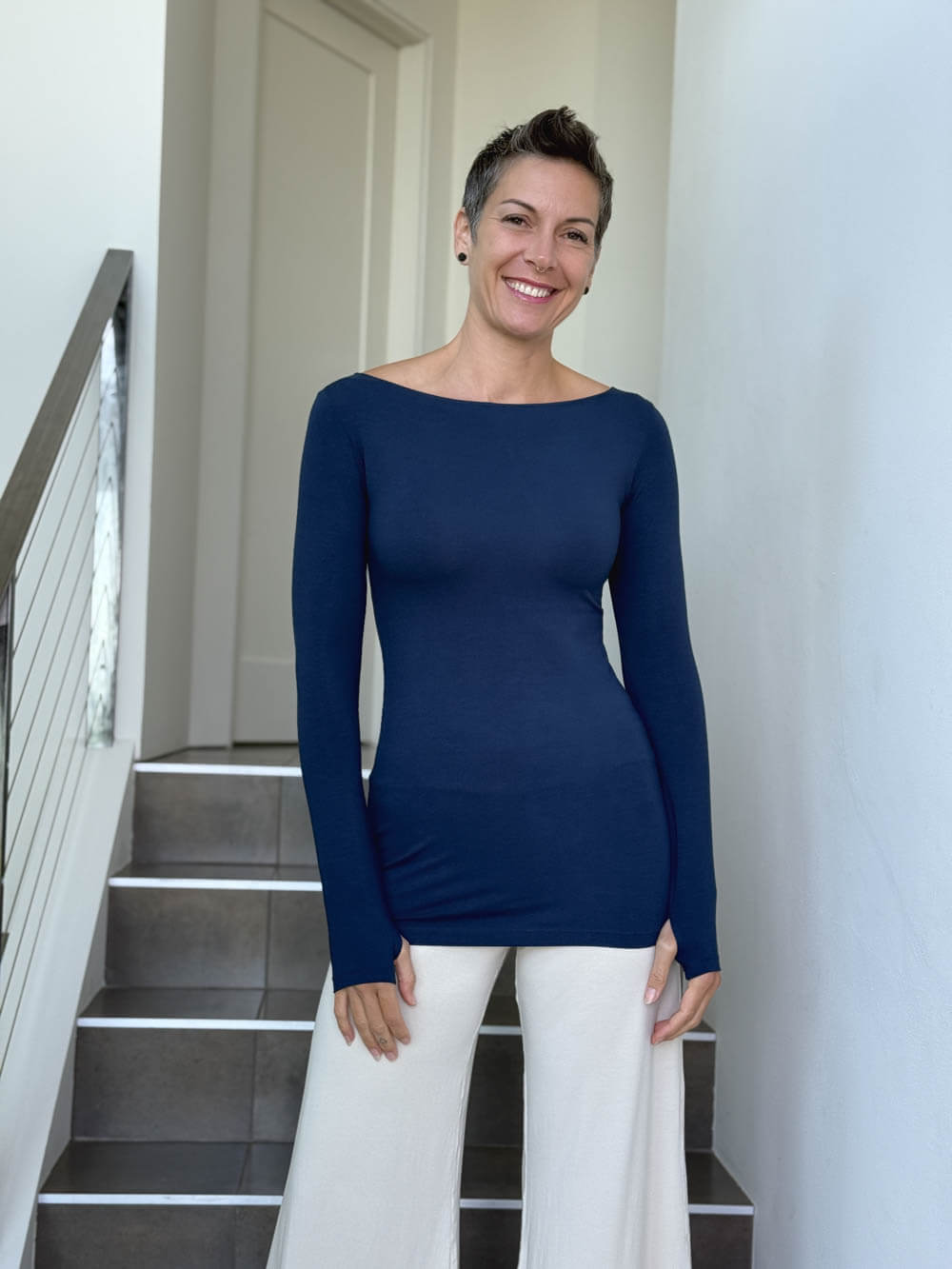 caraucci long sleeve stretchy rayon jersey navy blue long sleeve boat neck top #color_navy