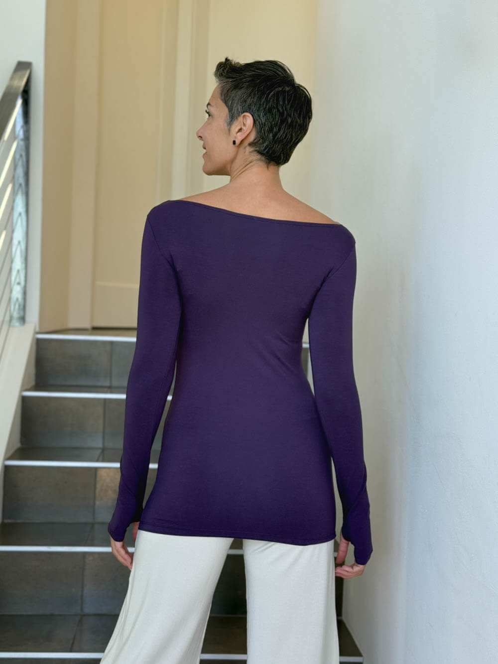 caraucci long sleeve stretchy rayon jersey purple long sleeve boat neck top #color_plum