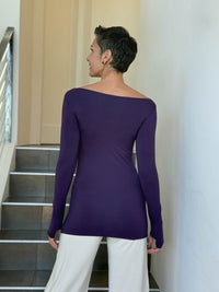 caraucci long sleeve stretchy rayon jersey purple long sleeve boat neck top #color_plum